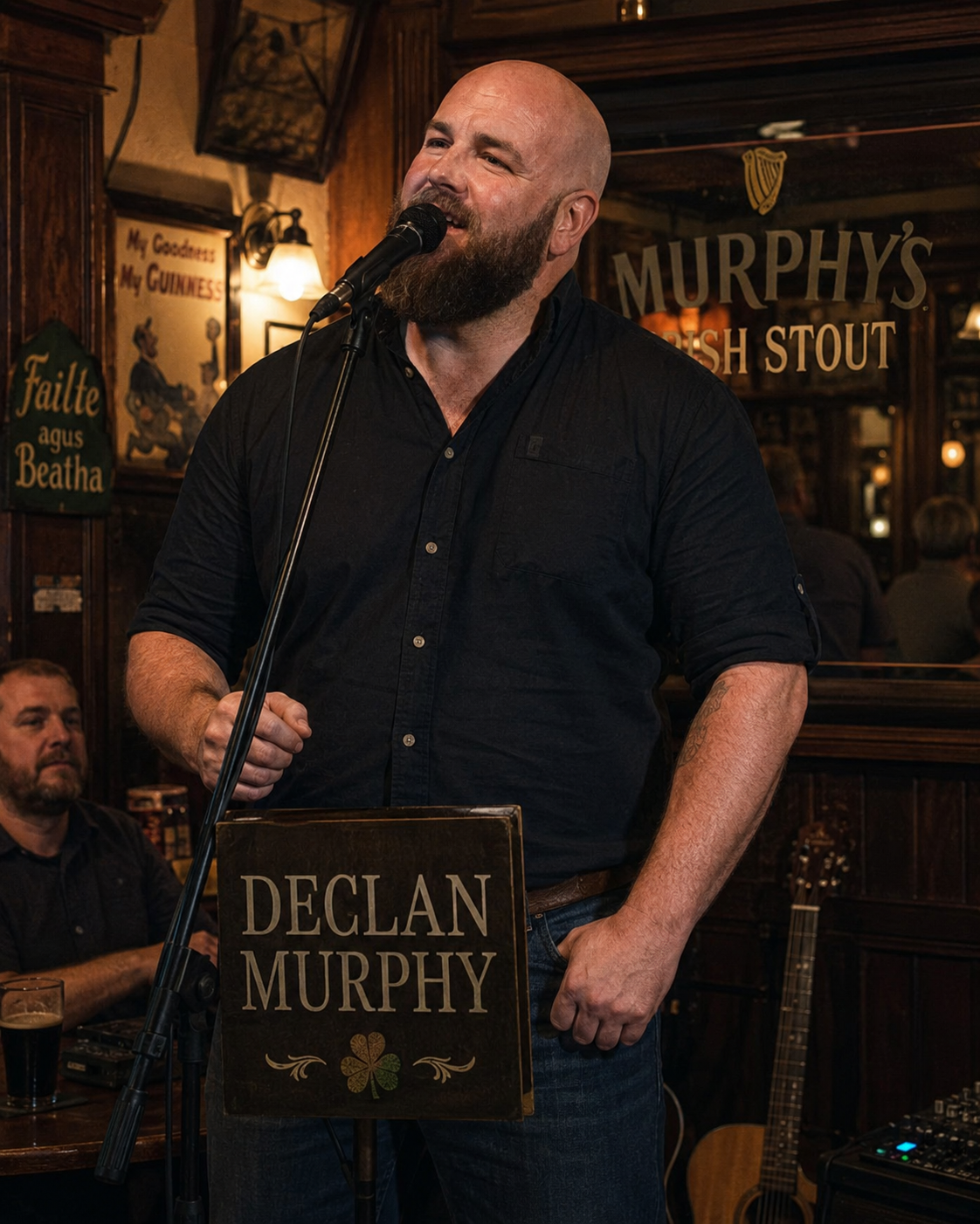 Declan Murphy holding a microphone in an Irish pub